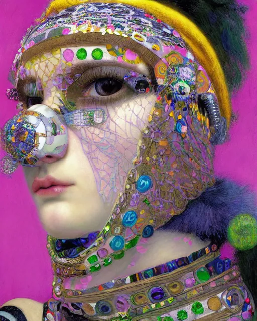 Image similar to a close up of beautiful decora cybergoth emo girl wearing a balaclava surrounded by colourful intricate patterns, by gustave klimt edgar maxence and caravaggio and michael whelan, intricate painting, hyper realistic, extremely detailed and beautiful aesthetic face, 8 k resolution