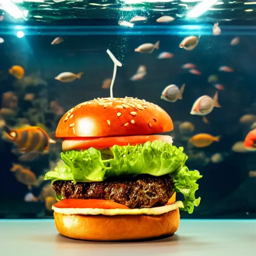 Image similar to a juicy hamburger in a giant aquarium filled with coke, 8 k resolution, studio lighting, sharp focus, professional food photography, hyper - detailed