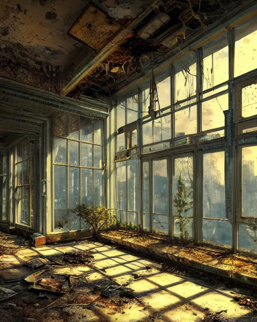 Prompt: a beautiful very detailed painting of urbex architecture unfinished building nature sunroom city building abandoned by carlo stanga, sea scumm bar galactic sci - fi biopunk fantasy bladerunner 2 0 4 9 extraterrestial futuristic reclaimed by nature dramatic lighting at winter thermal vision, archdaily, wallpaper, highly detailed, trending on artstation.