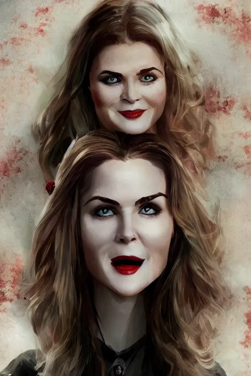 Image similar to mix of beautiful young maria shriver, mariel hemmingway, brooke shields, nicole kidman and elle macpherson as a vampire showing vampire teeth, ready to bite, thin lips, hair tied up in a pony tail, dark blonde hair, colorful, artstation, cgsociety