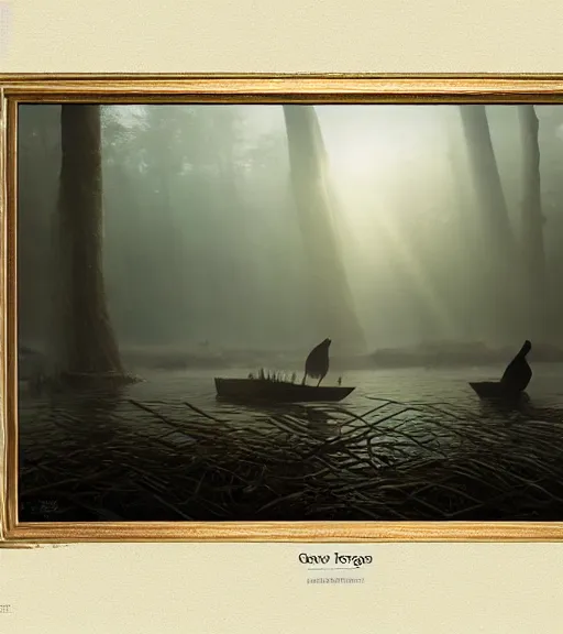 Image similar to three crows in a little boat in a swamp, volumetric lighting, fog, majestic light, octane render, ethereal glare of the sun, hyperrealistic, epic, masterpiece, by greg rutkowski