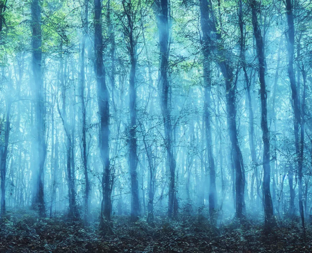 Prompt: blue forest, glowing, like zelda breath of the wild,