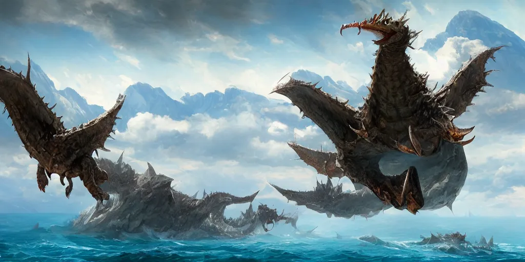 Prompt: Wyverns flying over a big blue sea surrounded by floating mountains, Darek Zabrocki, Karlkka, Jayison Devadas, Phuoc Quan, trending on Artstation, 8K, ultra wide angle, pincushion lens effect