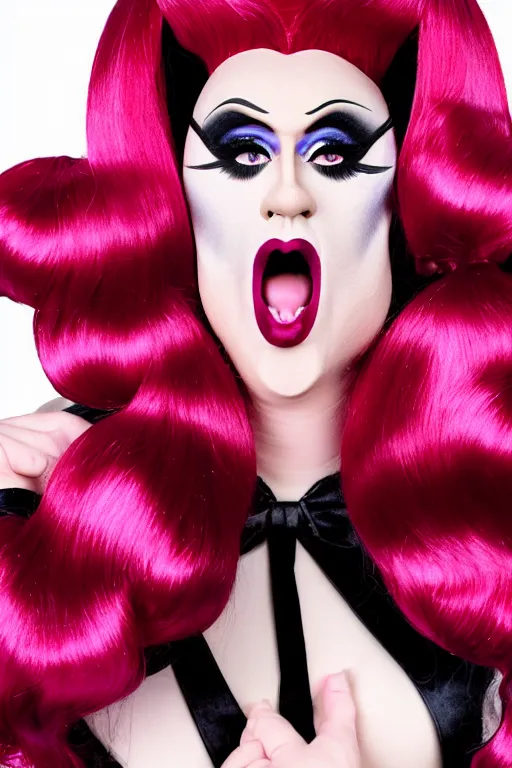 Image similar to 4k art deco portrait of a drag queen (man in drag with shocked surprised expression) wearing: heavy drag makeup, huge long auburn wig styled in oversized pigtails with big pink bows