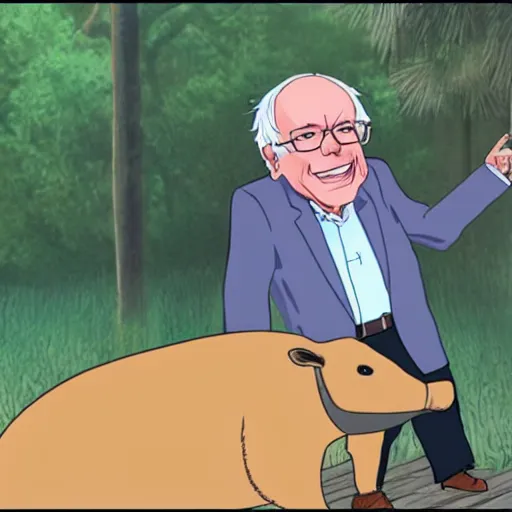 Image similar to Bernie Sanders riding a capybara anime