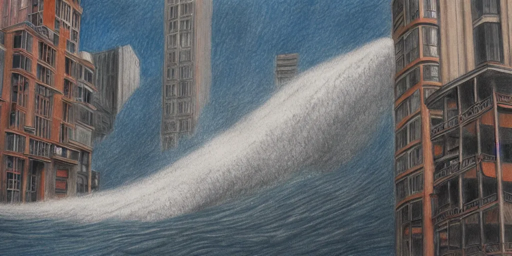 Image similar to a drawing of a tsunami hitting the city of san francisco, realism, 3 d, terror, intense, color