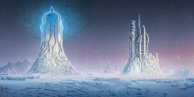 Image similar to painting artic snow covered alien nature labyrinth consuming futuristic mega city from blade in the style of nebulapunk by tomasz alen kopera and daniel lieske with futuristic castle by simon stahlenhag