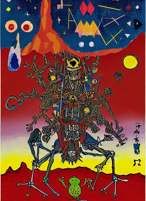 Image similar to pixel decollage painting tarot devil card composition tower of babel road red armor maggot bear and wonky alien frog skeleton knight on a horse in a dark red cloudy night sky with golden foil stars, occult symbols and diamonds, mountain lake and blossoming field in background, painted by mark rothko, helen frankenthaler, danny fox and hilma af klint, pixelated