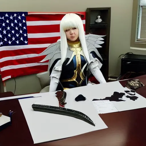 Prompt: a person cosplaying griffith from berserk by kentaro miura sitting at oval office desk with american flag