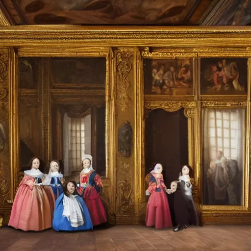 Image similar to super quality family portrait in the main room of the castle painted in 1 6 5 6, dark room, one point of light coming through the back door inspired by las meninas, clear spaces between each subject and good detail and realistic eyes, faces for each person in the canva, inspired by diego velasquez baroque style