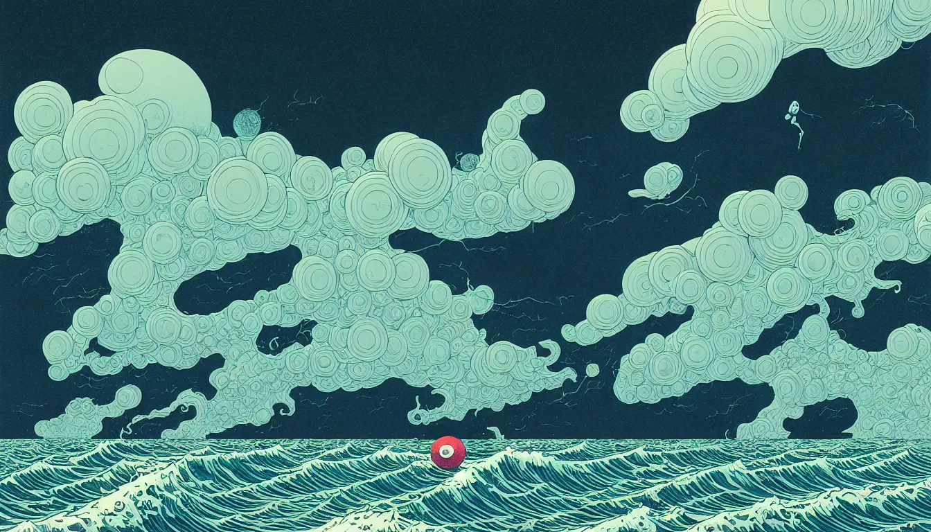 Image similar to storm at sea by balmy enso, jamie hewlett, nicolas delort, moebius, victo ngai, josan gonzalez, kilian eng