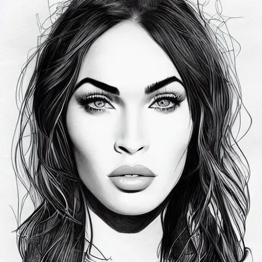 Image similar to “Megan Fox, portrait!!! Portrait based on doodles, scribbled lines, sketch by Liz Y Ahmet monochrome, concept Art, one solid line, ultra detailed portrait, 4k resolution”
