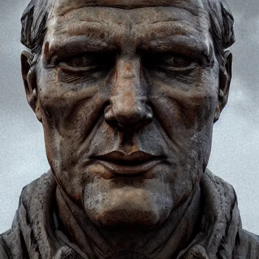 Image similar to a highly detailed epic cinematic concept art CG render digital painting artwork: close up shot of a melted deformed face of a socialist realist statue. Soviet, gloomy, dystopian, night. By Greg Rutkowski, Ilya Kuvshinov, WLOP, Stanley Artgerm Lau, Ruan Jia and Fenghua Zhong, trending on ArtStation, made in Maya, Blender and Photoshop, octane render, excellent composition, cinematic atmosphere, dynamic dramatic cinematic lighting, aesthetic, very inspirational, arthouse