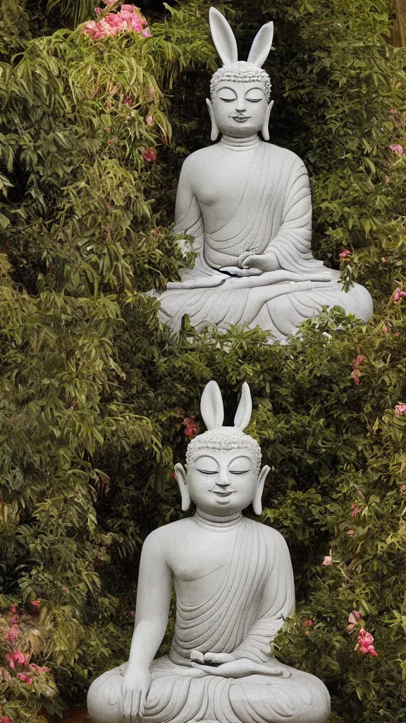 Image similar to a huge buddhism rabbit statue beside a persian pot in botanical room by john singer sargent