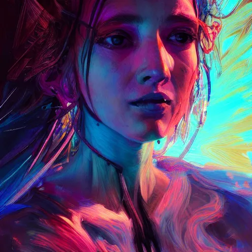 Image similar to colorful character portrait a woman in the desert at night, among the stars, set in the future 2 1 5 0, highly detailed face, very intricate, symmetrical, cinematic lighting, award - winning, painted by mandy jurgens, pan futurism, dystopian, bold colors, cyberpunk, groovy vibe, anime aesthetic, featured on artstation