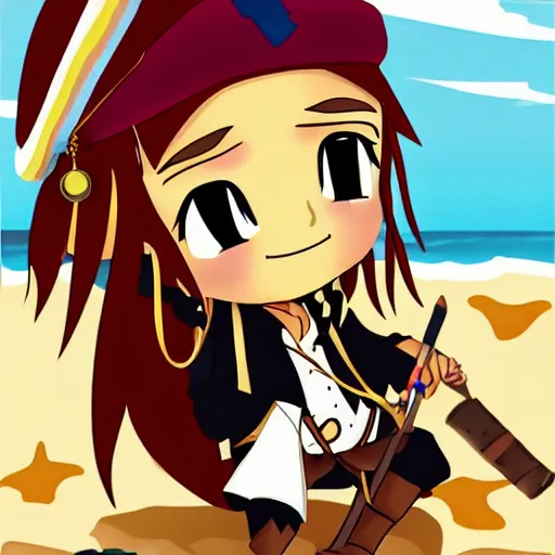 Image similar to chibi anime version of jack sparrow getting really drunk on the beach