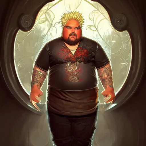 Prompt: Obese Guy Fieri, fantasy, intricate, elegant, highly detailed, digital painting, artstation, concept art, matte, sharp focus, illustration, art by Artgerm and Greg Rutkowski and Alphonse Mucha