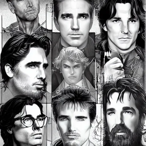 Image similar to Val Kilmer, George Clooney, Christian Bale, Ben Affleck, Robert Pattinson pre-raphaelite portrait, artgerm JSC, J. Scott Campbell