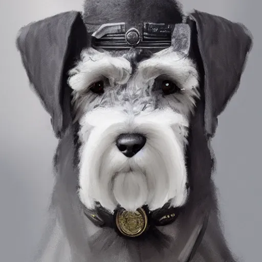 Image similar to portrait of stoic looking miniature schnauzer, military uniform, black fir, white eyebrows, fantasy, intricate, elegant, highly detailed, centered, dark, smokey, charcoal painting, digital painting, artstation, concept art, smooth, sharp focus, illustration, art by greg rutkowski