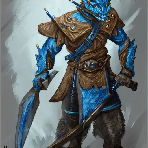 Image similar to fantasy concept art; portrait of a blue dragonborn wielding an axe; barbarian clothing; detailed sketch