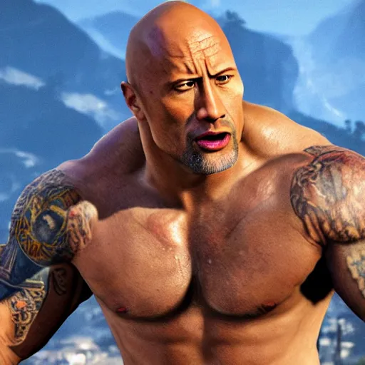 Prompt: a photo of Dwayne Johnson as a GTA 5 cutscene effect,