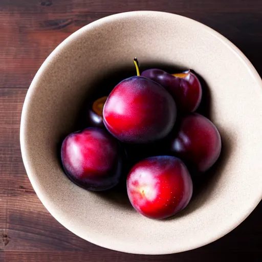 Image similar to photo of a thick porcelain bowl filled with a few moist freshly picked plums on a wooden table. volumetric lighting. 4 k. small scale. realistic. top down.