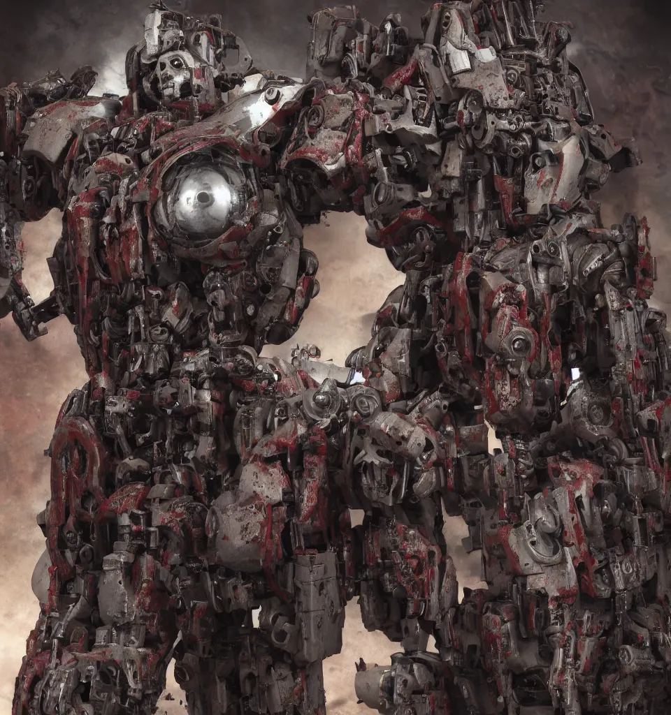 Image similar to cinematic full body portrait of a zombie heavy mech with flesh, by kow yokoyama, maschinen krieger, hobby japan, stormy post apocalyptic cyberpunk gothic city, highly detailed, shot with canon 5 d mark ii, face detail, rob bottin, rick baker, jordu schell, artstation, cg society, soft illumination