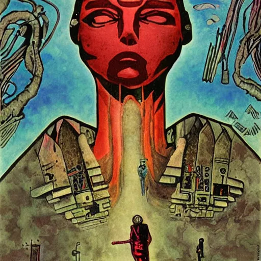 Prompt: post - punk album cover, new age, magic stone, psychedelic, dark, enki bilal