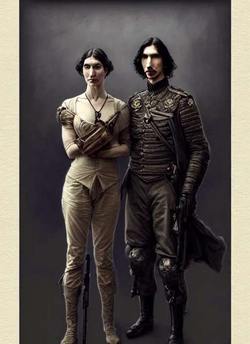 Image similar to portrait of two people, john oliver, adam driver, standing together, stoic, full body, military uniform, fantasy, intricate, elegant, beautiful, highly detailed, charcoal, centered, dark, smokey, digital painting, artstation, concept art, smooth, sharp focus, illustration, art by artgerm and greg rutkowski and alphonse mucha