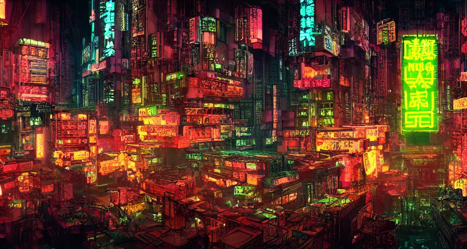 Prompt: Cyberpunk space colony, Kowloon walled city style, Digital art with cyberpunk tones, Luminous neon sign, at night