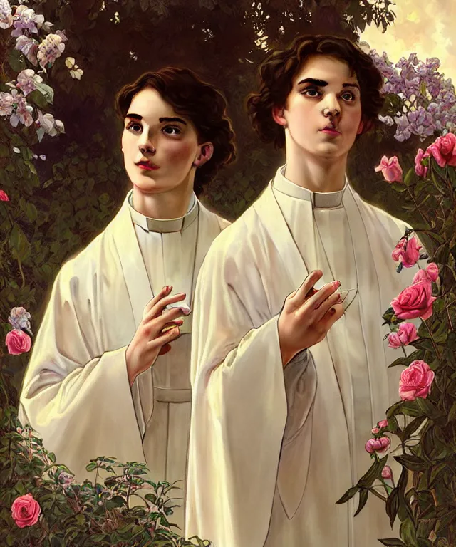 Image similar to two beautiful young catholic priests are in love in the church garden of roses, portrait, intricate, elegant, highly detailed, 20mm film, smooth, sharp focus, art by artgerm and greg rutkowski and alphonse mucha