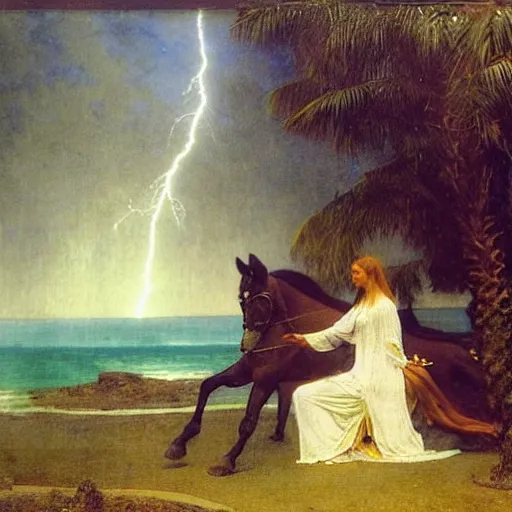 Prompt: Girl riding a horse leaving the castle through the bridge, thunderstorm, beach and palm trees on the background major arcana sky, by paul delaroche, alphonse mucha and arnold böcklin arnold böcklin hyperrealistic 8k, very detailed