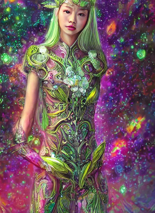 Image similar to portrait of Lalisa Manobal as a Celestial Goddess of a futuristic pearlescent holographic, inside future fighter, sci-fi, fantasy, intricate, lush garden spaceship with sakura season flowers in Kyoto Japan, elegant, human anatomy, royal green and nature light, highly detailed, digital painting, artstation, concept art, smooth, sharp focus, illustration, art by James Jean, masterpiece, 3d blender