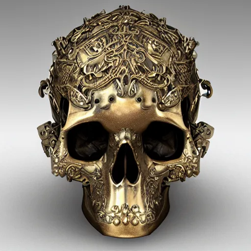 Prompt: human skull ornated with horn, filigree, patina, bronze, ornaments, 3 d design for tattoo, hyper maximalist, elegant, ornate, luxury, elite, symmetrical, unreal engine, 3 d design