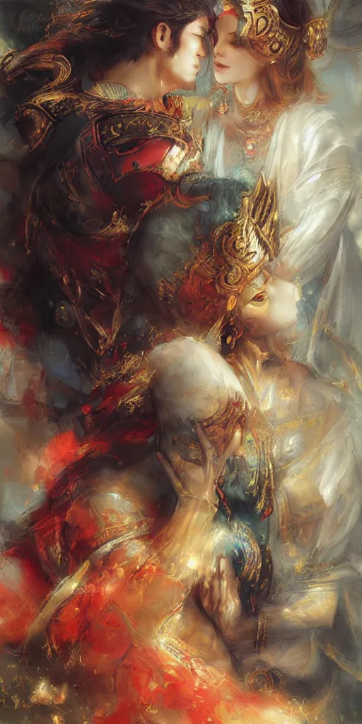 Image similar to greeting card, love, 2 beautiful royal gods, by ruan jia, warm colors, cozy