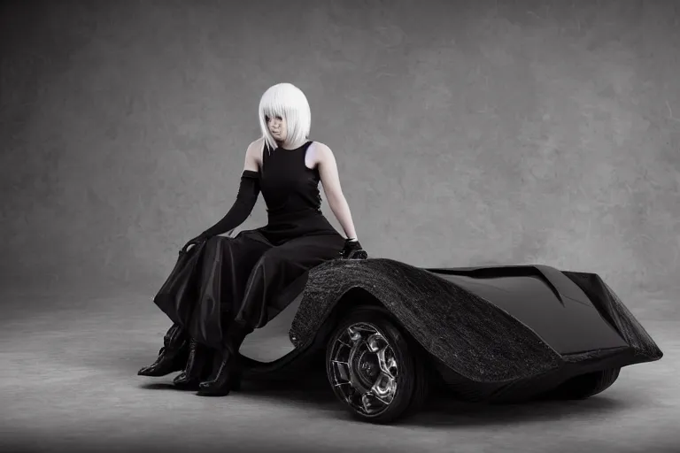 Prompt: Beautiful photograph of Yorha 2B sitting on a concept 1970s wedge car. 8k. Studio lighting.