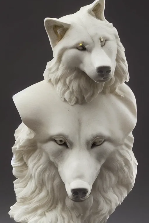 Image similar to a white marble bust of a wolf with gold filigree