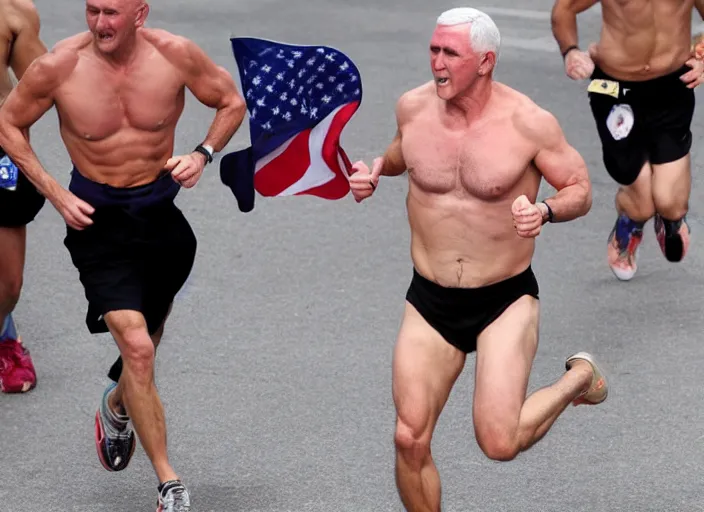 Prompt: shirtless mike pence running marathon hands in air screaming shouting