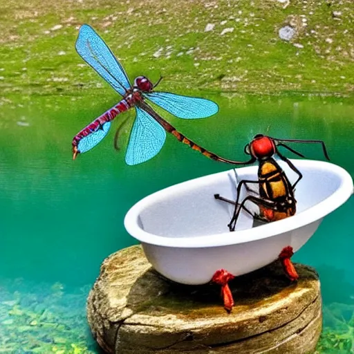 Image similar to dragonfly in a bathtub in the alps, goat!!!!! in background