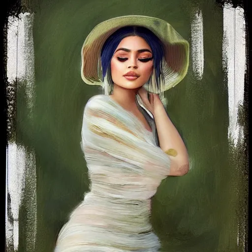 Image similar to happy very thick paint brush strokes paint texture full body fashion model kylie jenner by Jeremy Lipking by Hasui Kawase by Richard Schmid (((smokey eyes makeup eye shadow fantasy, glow, shimmer as victorian woman in a long white frilly lace dress and a large white hat having tea in a sunroom filled with flowers, roses and lush fern flowers ,intricate, night, highly detailed, dramatic lighting))) , high quality