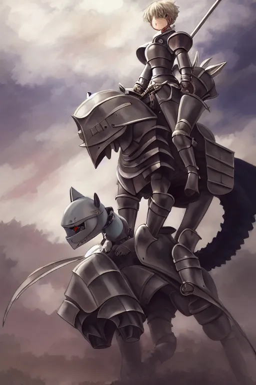 Image similar to a full body of the female knight riding a heavy armored giant cat, finely detailed features, closeup at the faces, perfect art, gapmoe yandere grimdark, trending on pixiv fanbox, painted by studio ghibli, akihiko yoshida