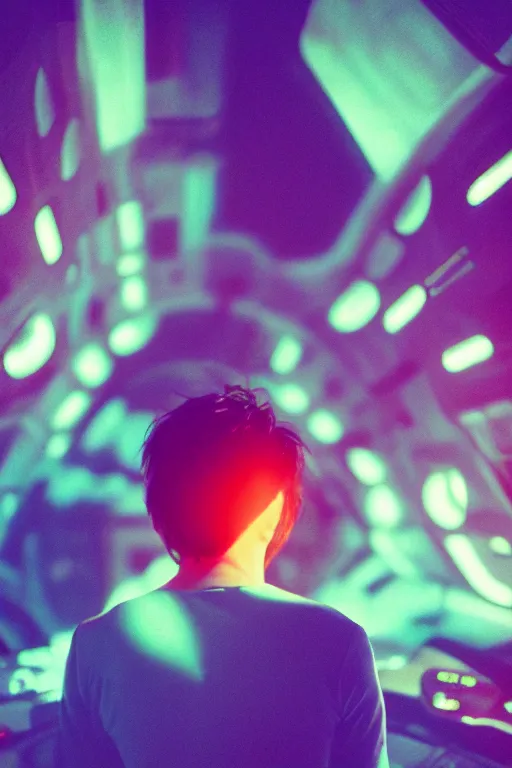 Prompt: agfa vista 4 0 0 photograph of a skinny guy on a spaceship, futuristic, synth vibe, vaporwave colors, lens flare, flower crown, back view, moody lighting, moody vibe, telephoto, 9 0 s vibe, blurry background, grain, vintage, tranquil, calm, faded!,