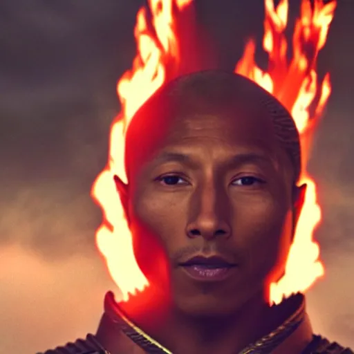 Image similar to cinematic film still Pharrell Williams starring as a Samurai holding fire, Japanese CGI, VFX, 2003, 40mm lens, shallow depth of field,film photography