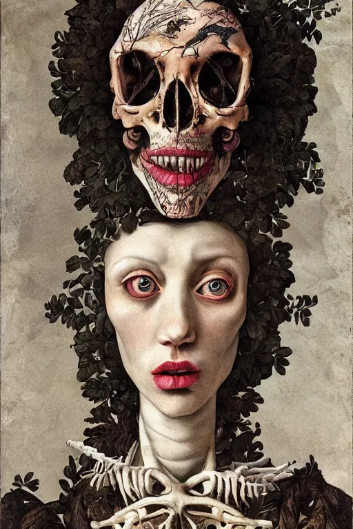 Image similar to Detailed maximalist portrait with large lips and with large white eyes, exasperated expression, extra fleshing limbs, botany bones, HD mixed media, 3D collage, highly detailed and intricate, surreal illustration in the style of Caravaggio, dark art, baroque