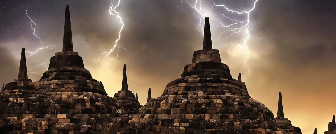 Prompt: most epic dramatic borobudur temple at night picture, eerie stormy night sky and lightnings. night photography. epic cinematic hyperrealism masterpiece. realistic poster with shaded lighting by craig mallismo, artgerm, jeremy lipkin and michael garmash, unreal engine, radiant light, detailed and complex environment, digital art, art station trends