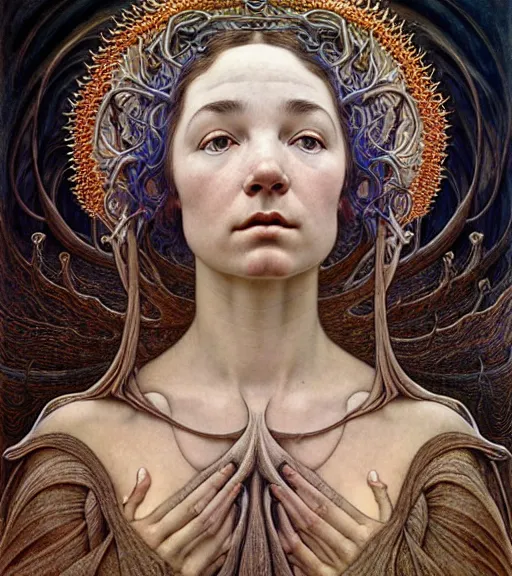 Prompt: detailed realistic beautiful young medieval bjork face portrait by jean delville, gustave dore and marco mazzoni, art nouveau, symbolist, visionary, gothic, pre - raphaelite. horizontal symmetry by zdzisław beksinski, iris van herpen, raymond swanland and alphonse mucha. highly detailed, hyper - real, beautiful