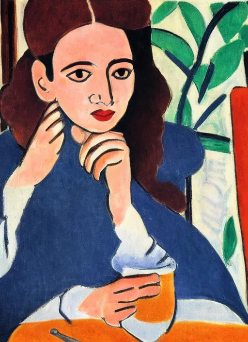 Image similar to jewish woman drinks coffee at a sunlit cafe, calm and content, portrait, by henri matisse, high quality