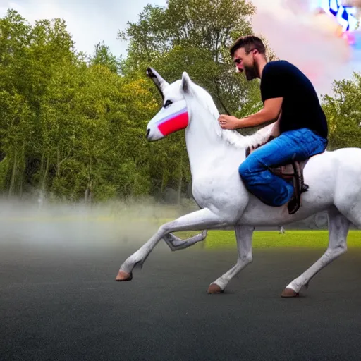 Image similar to guy vapes rainbows while riding a unicorn, hyper realistic, award winning photography, 8k, colourful,