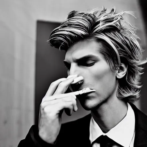 Image similar to a closeup photo of handsome gigachad xqc smoking a cigar