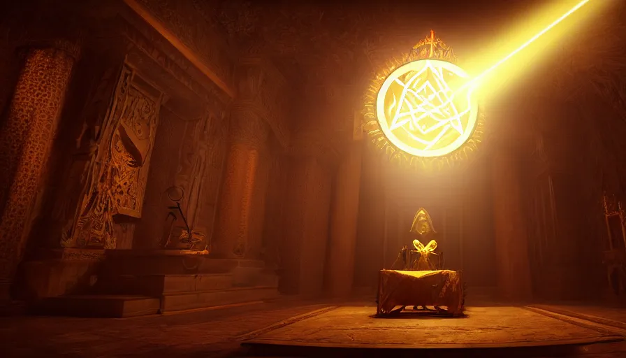 Image similar to ! dream an occult priest performs demonic ritual to summons monsters with magic and a glowing sigil in a fantastic temple, volumetric lighting, magical lighting, raytracing, dynamic lights and shadows, photorealistic render, digital art, wallpaper